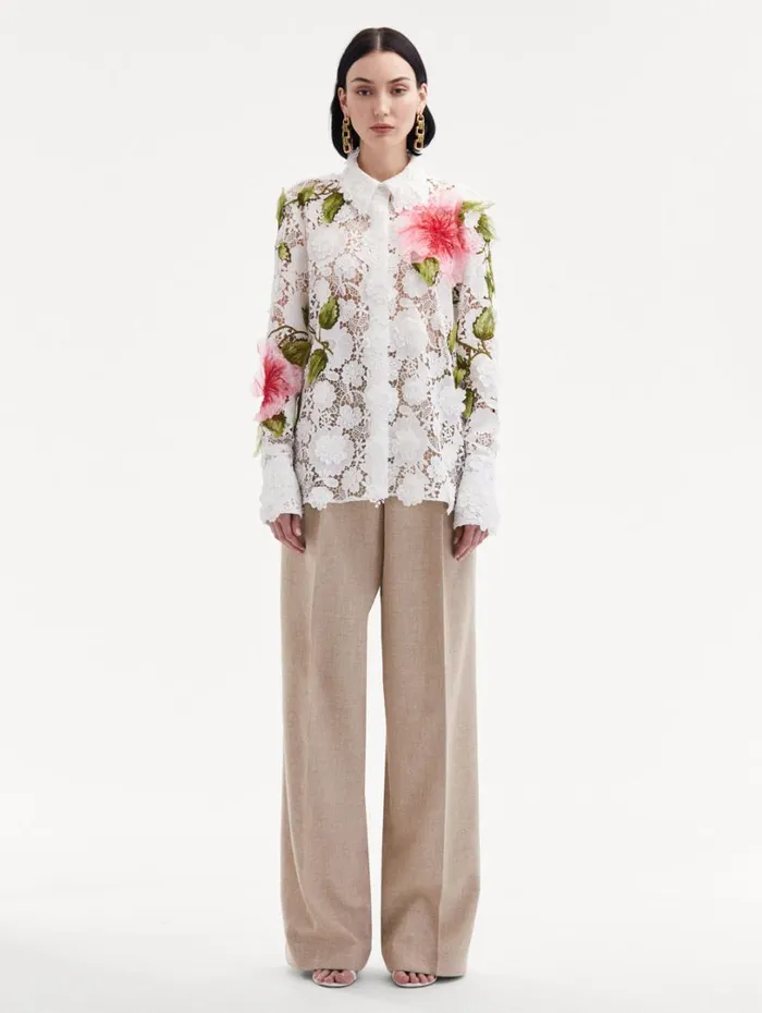 Oscar De La Renta Hibiscus Embroidered Floral Guipure Blouse White Women Blouses and Knits Oscar De La Renta Hibiscus Embroidered Floral Guipure Blouse White Women Blouses and Knits