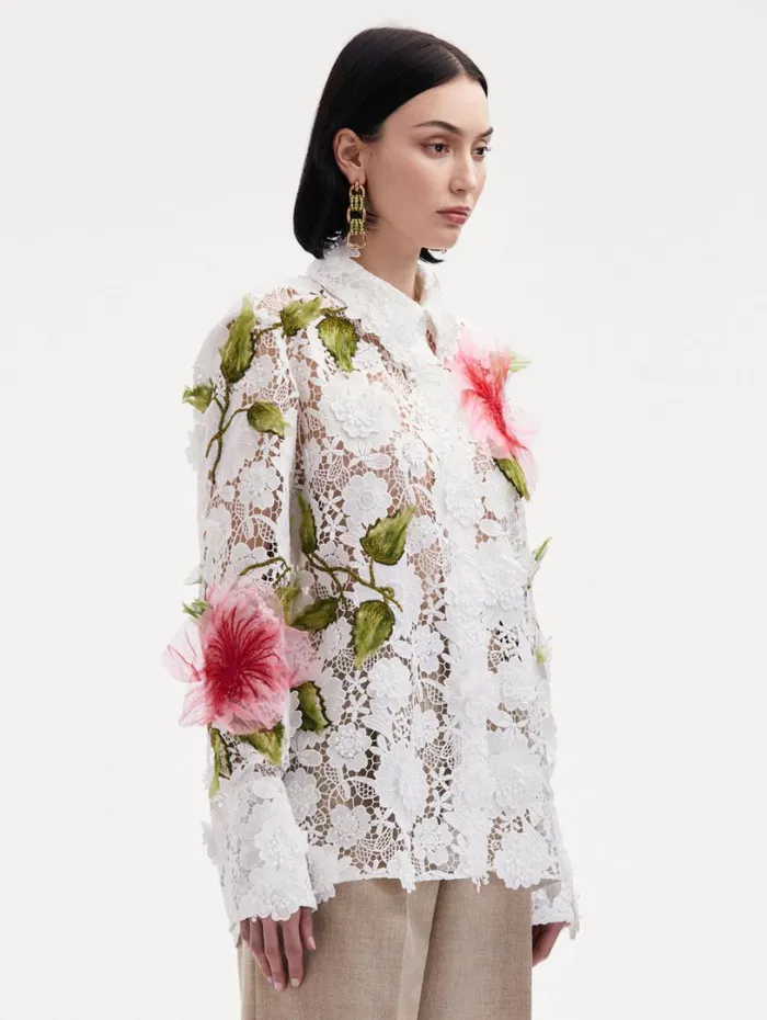 Oscar De La Renta Hibiscus Embroidered Floral Guipure Blouse White Women Blouses and Knits Oscar De La Renta Hibiscus Embroidered Floral Guipure Blouse White Women Blouses and Knits