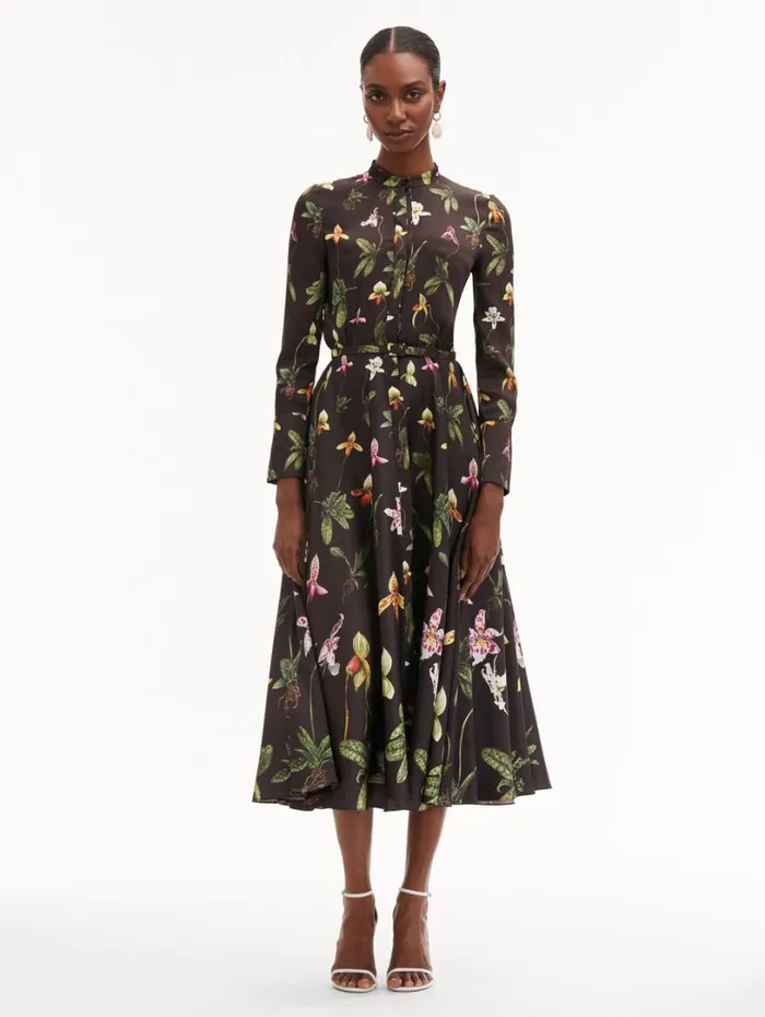 Oscar De La Renta Orchid Silk Twill Dress Brown Multi Women Dresses Oscar De La Renta Orchid Silk Twill Dress Brown Multi Women Dresses