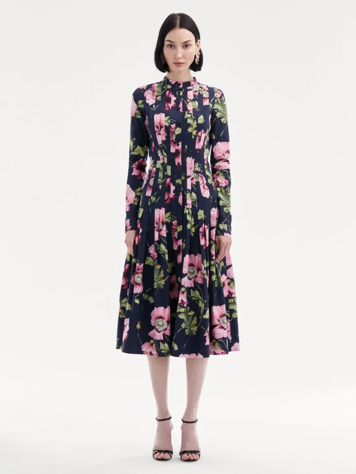 Oscar De La Renta Poppy Cotton Poplin Midi Dress Navy Pink Women Dresses Oscar De La Renta Poppy Cotton Poplin Midi Dress Navy Pink Women Dresses