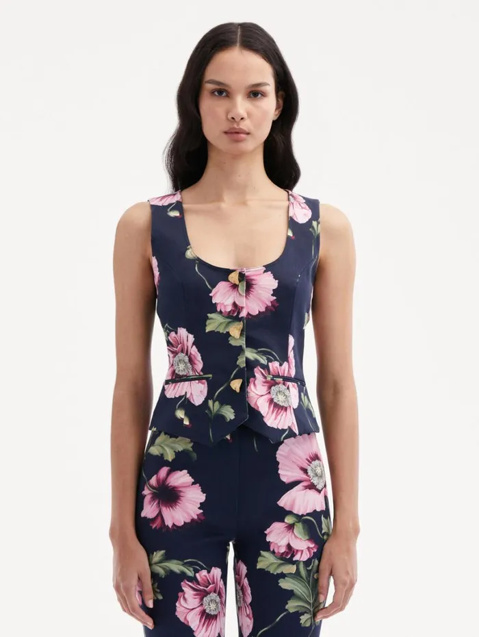 Oscar De La Renta Poppy Cotton Twill Vest Navy Pink Women Blouses and Knits Oscar De La Renta Poppy Cotton Twill Vest Navy Pink Women Blouses and Knits