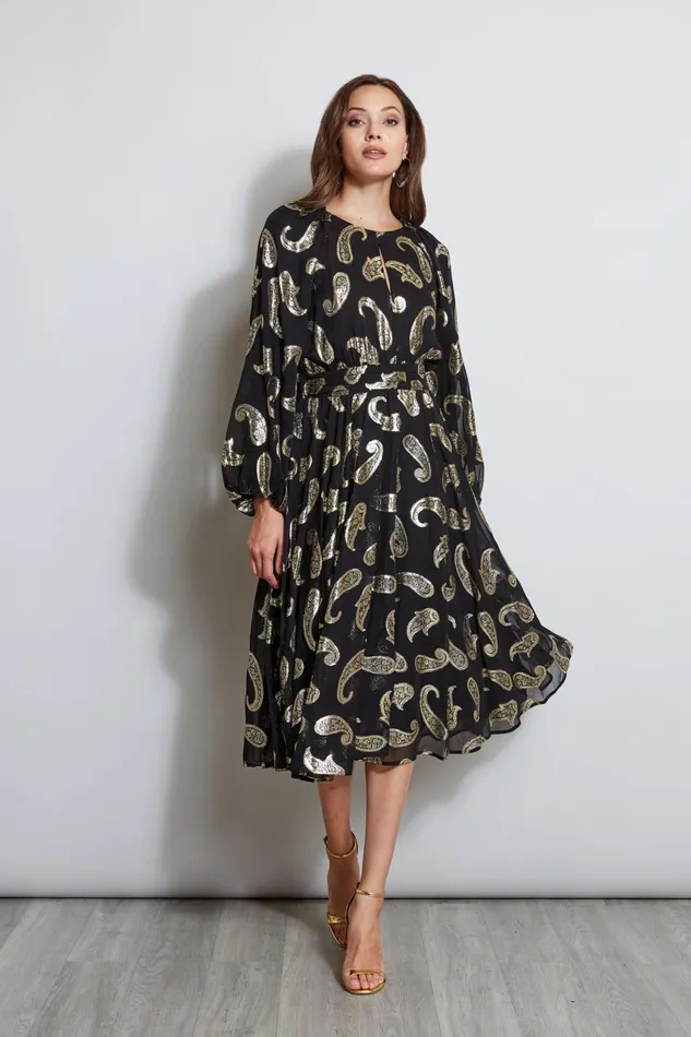Outlet 8211 Women Long Sleeve Dresses Elie Tahari Metallic Paisley Jacquard Dress Brushed Gold