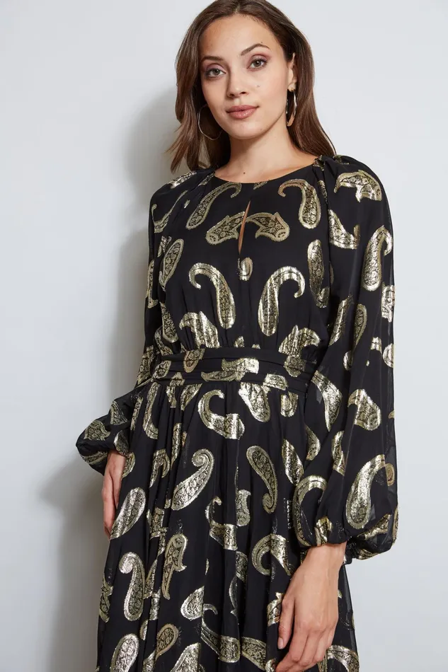 Outlet 8211 Women Long Sleeve Dresses Elie Tahari Metallic Paisley Jacquard Dress Brushed Gold