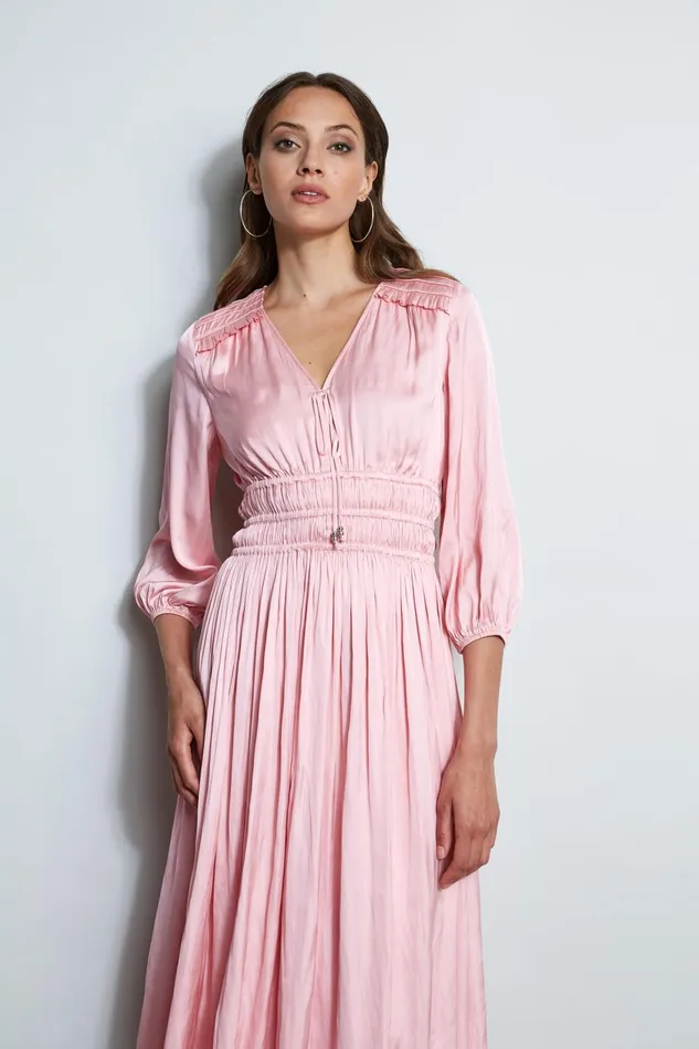Outlet 8211 Women Midi Dresses Elie Tahari Satin Smocked Pleat Dress Soho Pink