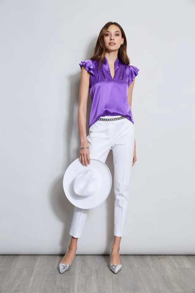 Outlet 8211 Women Suiting Elie Tahari Silk Satin Flutter Sleeve Shirt Violet