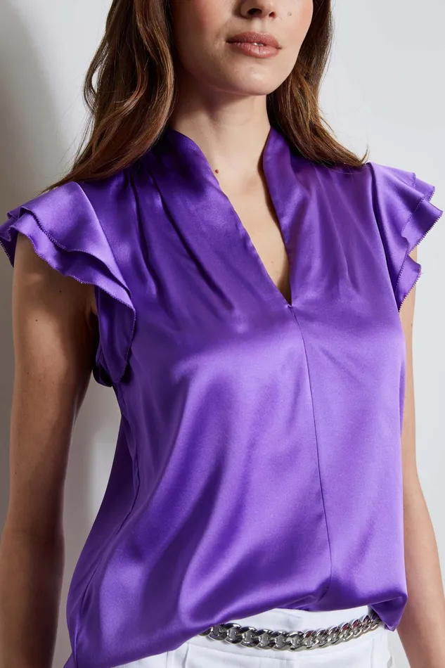 Outlet 8211 Women Suiting Elie Tahari Silk Satin Flutter Sleeve Shirt Violet