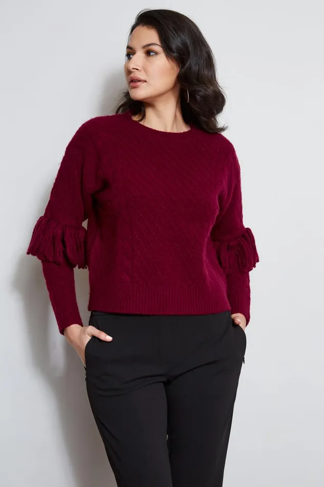Outlet 8211 Women Tops Elie Tahari Cable Knit Fringe Sweater Mulberry