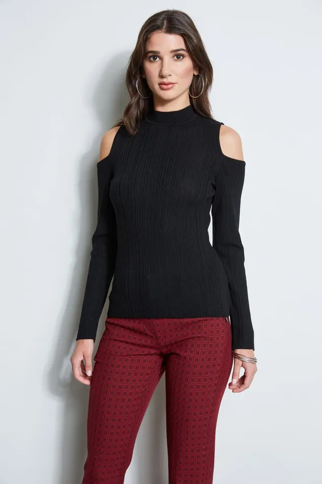 Outlet 8211 Women Tops Elie Tahari Cold Shoulder Mock Neck Sweater Black