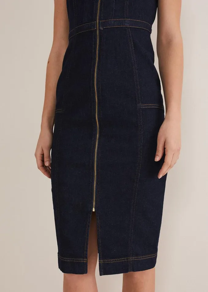 Phase Eight Anwen Fitted Denim Midi Dress Indigo Women Dresses