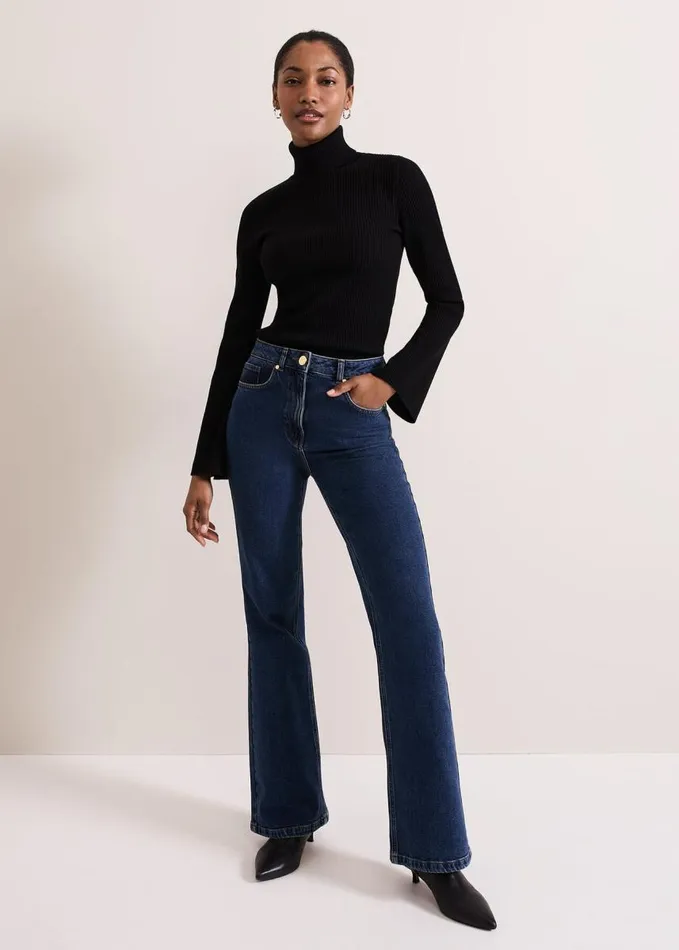 Phase Eight Fran Fluted Sleeve Ribbed Roll Neck Black Women Knitwear