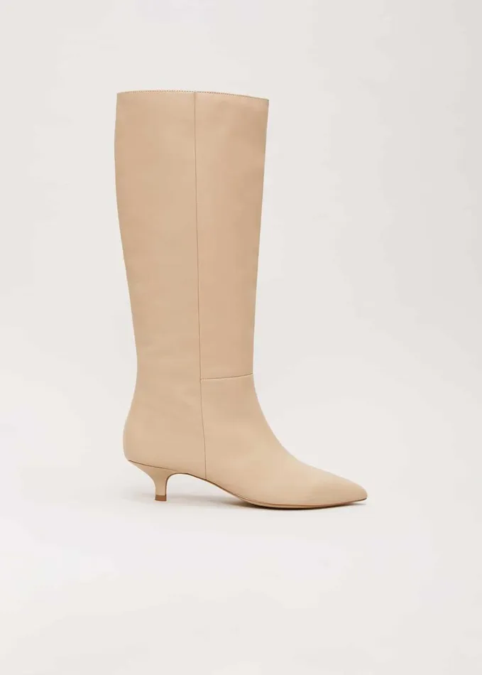 Phase Eight Knee High Kitten Heel Boot Cream Women Boots