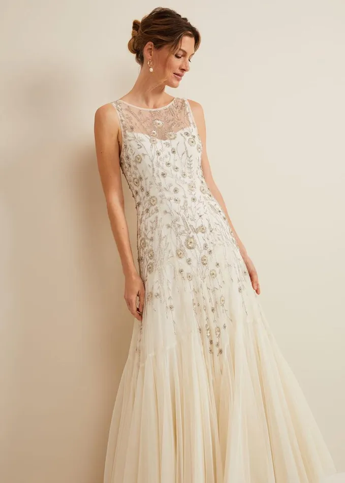 Phase Eight Milana Beaded Tulle Maxi Wedding Dress Parchment Women Dresses