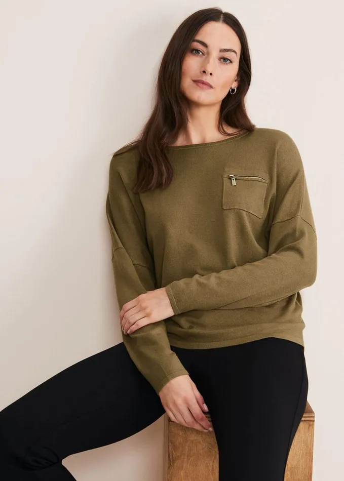 Phase Eight Rose Pocket Trim Knit Olive Women Knitwear