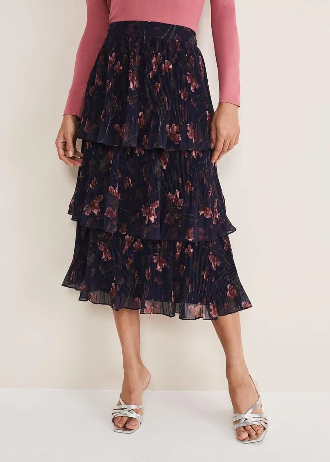 Phase Eight Selena Tiered Printed Skirt Navymulti Women Skirts