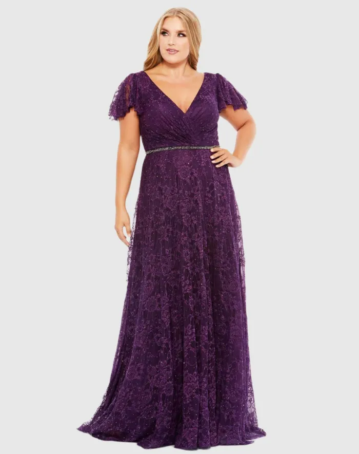 Plus Size Dresses Embellished Flutter Sleeve Evening Gown Plus Aubergine 8211 Mac Duggal Women