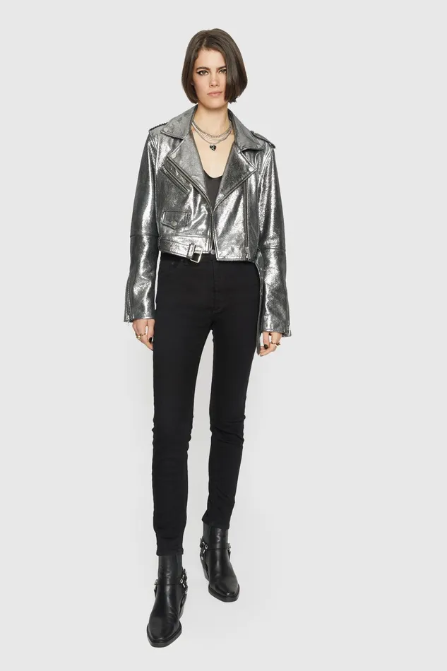 Rebecca Minkoff Cropped Jett Moto Jacket Silver Women Leather