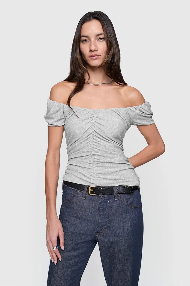 Rebecca Minkoff Devin Off Shoulder Top Silver Women Tops