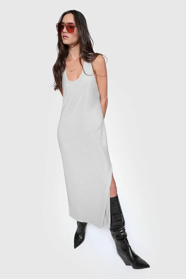 Rebecca Minkoff Veda U Neck Maxi Dress Silver Women Dresses