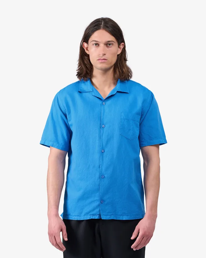 Shirts Colorfulstandard Men Linen Short Sleeved Shirt 8211 Pacific Blue