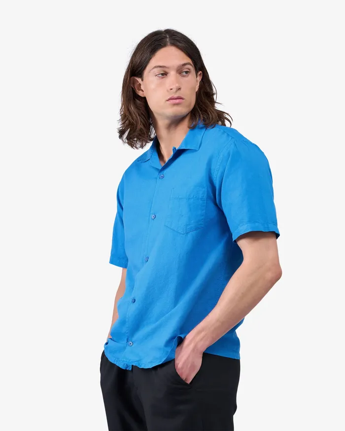 Shirts Colorfulstandard Men Linen Short Sleeved Shirt 8211 Pacific Blue