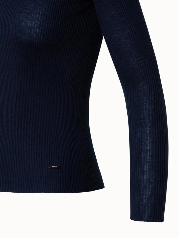 Silk Cotton Rib Knit Sweater Navy Women Akris Knitwear