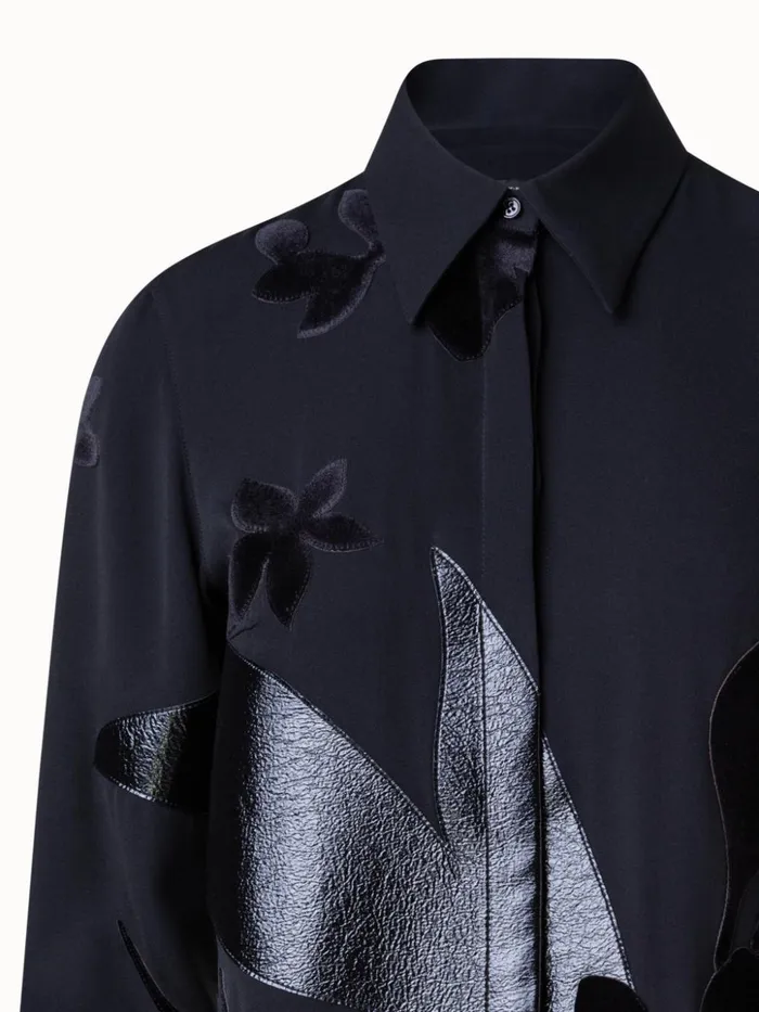 Silk Crpe Abraham Flower Patchwork Blouse Black Women Akris Blouses