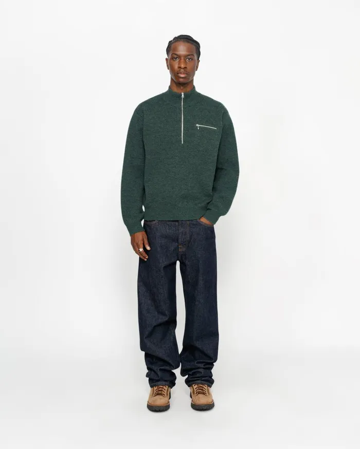 Stussy Knits HALF ZIP MOCK NECK SWEATER Dark Green 8211 MenWomen