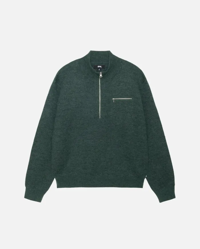 Stussy Knits HALF ZIP MOCK NECK SWEATER Dark Green 8211 MenWomen
