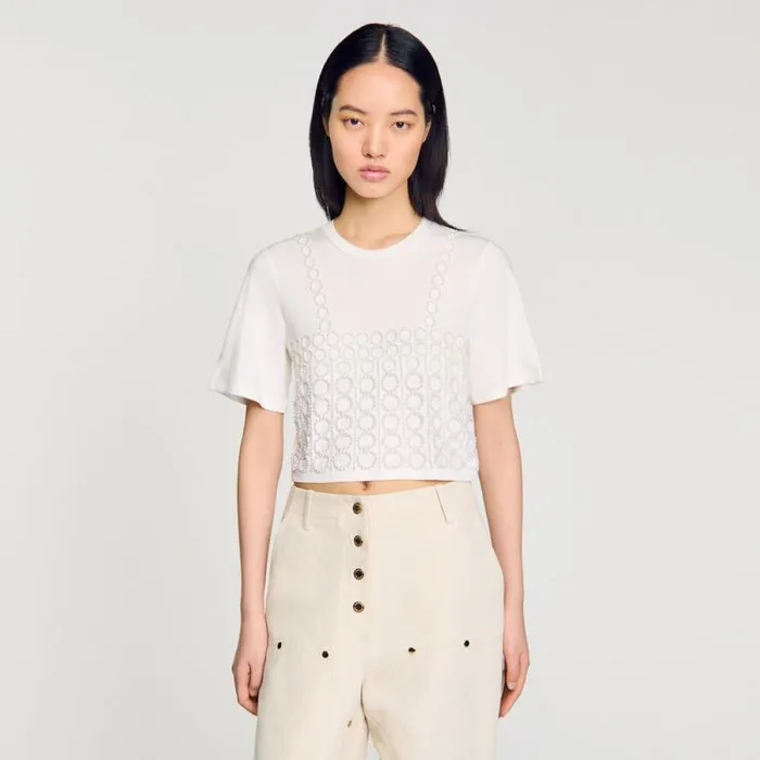 Tshirts Women SANDRO Beaded Cropped Tshirt White