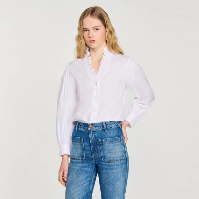 Tops and Shirts Women SANDRO Cotton Shirt With Fancy Collar White