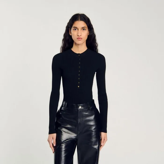 Tops and Shirts Women SANDRO Knit Bodysuit Black Tops and Shirts Women SANDRO Knit Bodysuit Black