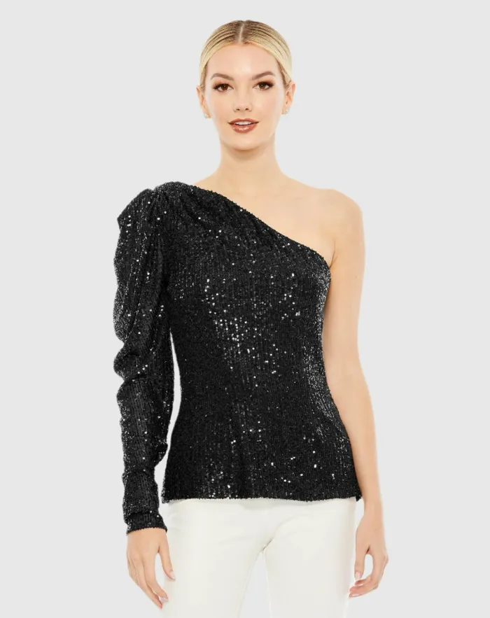 Women Blouses and Tops Mac Duggal One Shoulder Puff Sleeve Sequin Top 8211 FINAL SALE Black Women Blouses and Tops Mac Duggal One Shoulder Puff Sleeve Sequin Top 8211 FINAL SALE Black