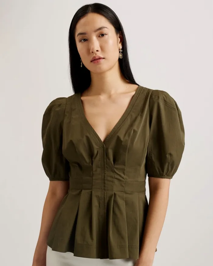 Women BURDUR 8211 Stitch Detail Balloon Sleeve Peplum Top Khaki Ted Baker Tops and Blouses Women BURDUR 8211 Stitch Detail Balloon Sleeve Peplum Top Khaki Ted Baker Tops and Blouses