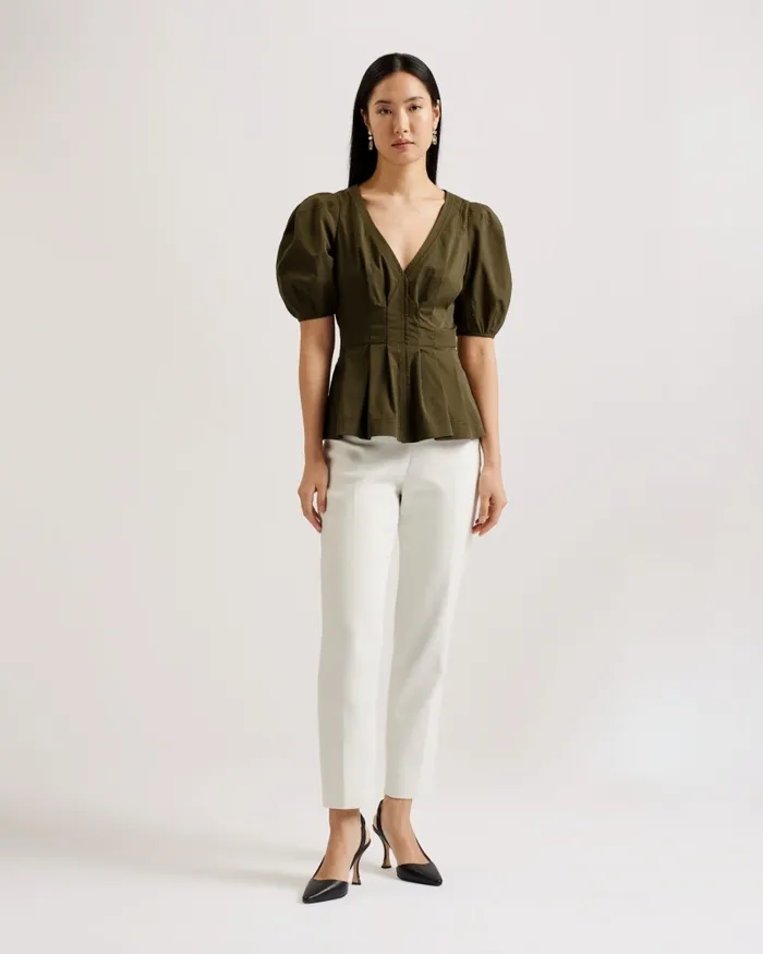 Women BURDUR 8211 Stitch Detail Balloon Sleeve Peplum Top Khaki Ted Baker Tops and Blouses Women BURDUR 8211 Stitch Detail Balloon Sleeve Peplum Top Khaki Ted Baker Tops and Blouses