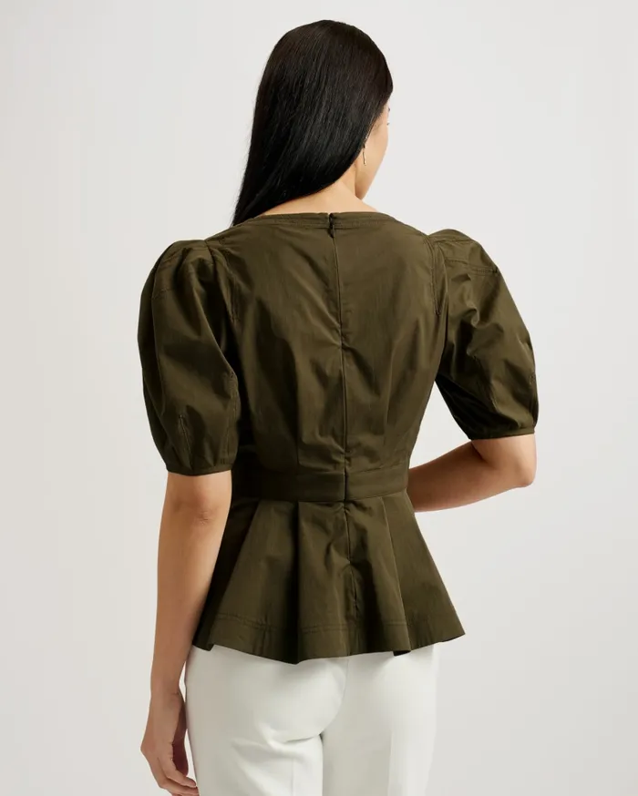 Women BURDUR 8211 Stitch Detail Balloon Sleeve Peplum Top Khaki Ted Baker Tops and Blouses Women BURDUR 8211 Stitch Detail Balloon Sleeve Peplum Top Khaki Ted Baker Tops and Blouses