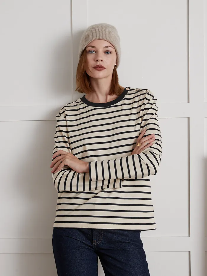 Women Cyrillus Clothing Organic Cotton SailorStripe TShirt Rayure Navy Noir