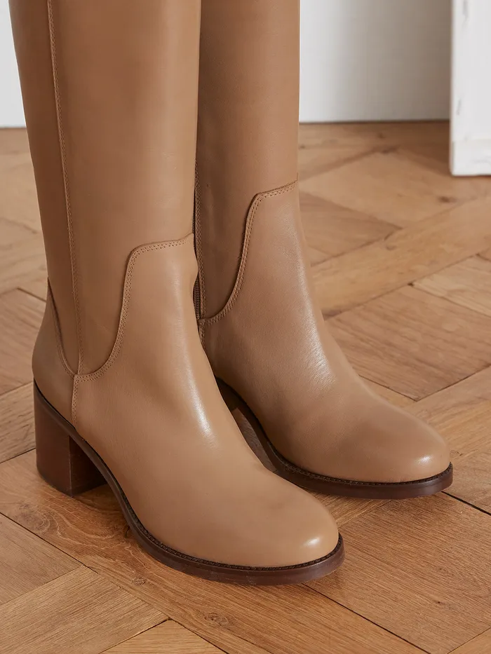 Women Cyrillus Shoes Heeled Leather Boots Beige