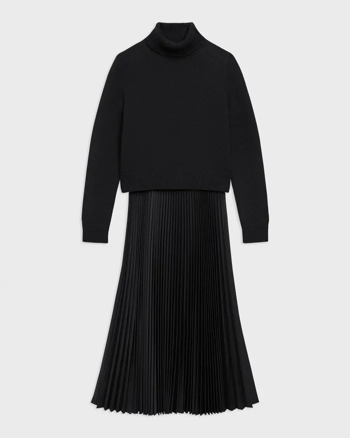 Women Dresses Theory Pleated Combo Dress In Stretch WoolBlend Black