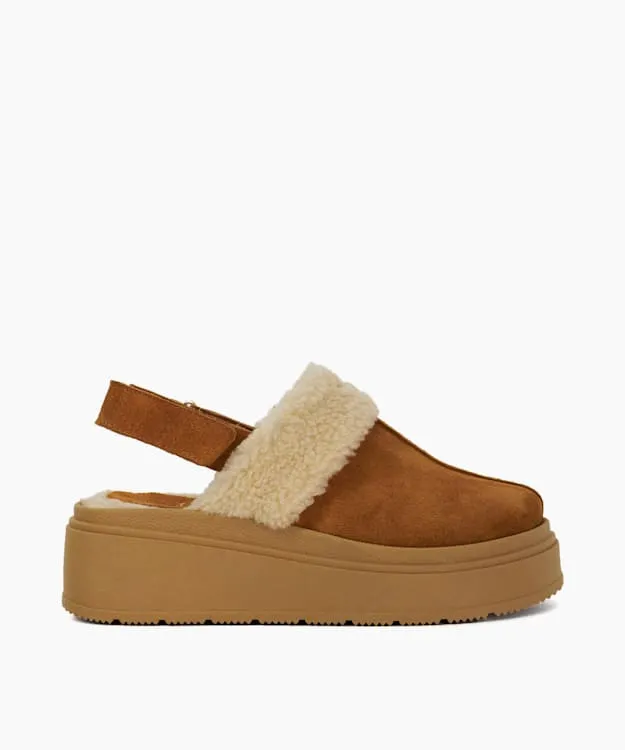 Women Dune London Flat Shoes Suede Faux Fur Mules Brown