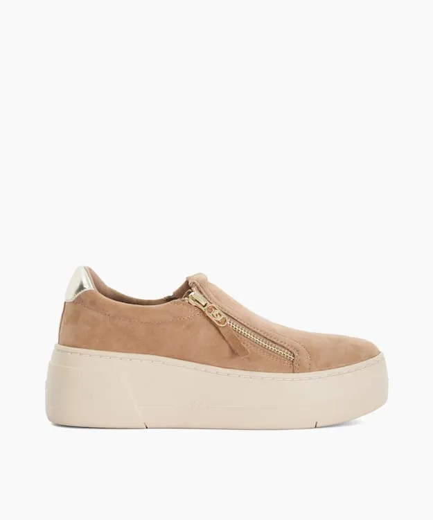 Women Dune London Trainers Suede Side Zip Chunky Flatform Trainers Brown