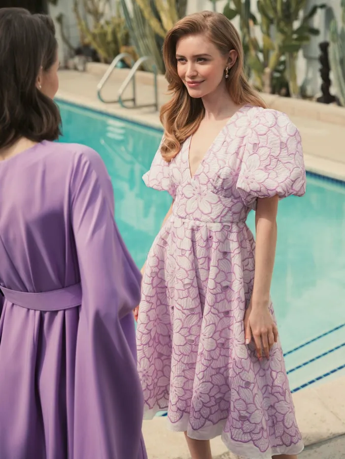 Women Every Day Dresses Mac Duggal Embroidered Floral Puff Sleeve Dress Orchid White