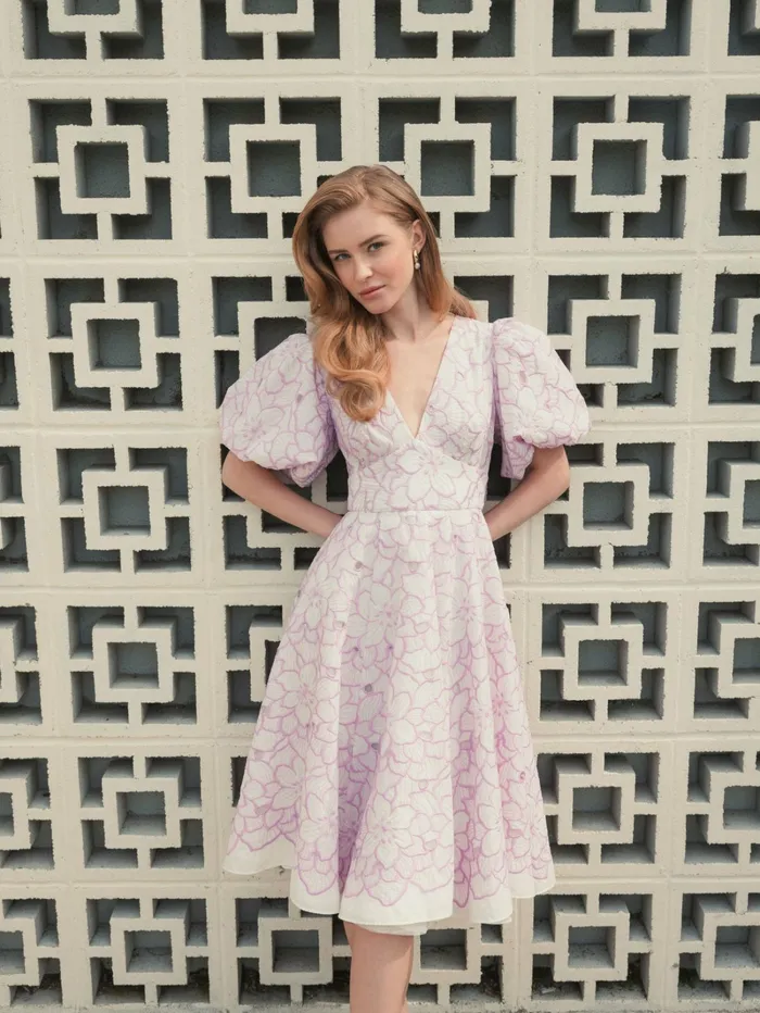 Women Every Day Dresses Mac Duggal Embroidered Floral Puff Sleeve Dress Orchid White