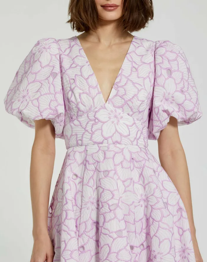 Women Every Day Dresses Mac Duggal Embroidered Floral Puff Sleeve Dress Orchid White