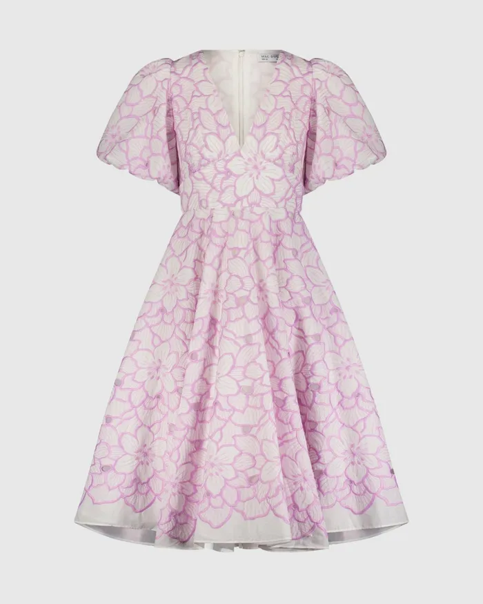 Women Every Day Dresses Mac Duggal Embroidered Floral Puff Sleeve Dress Orchid White
