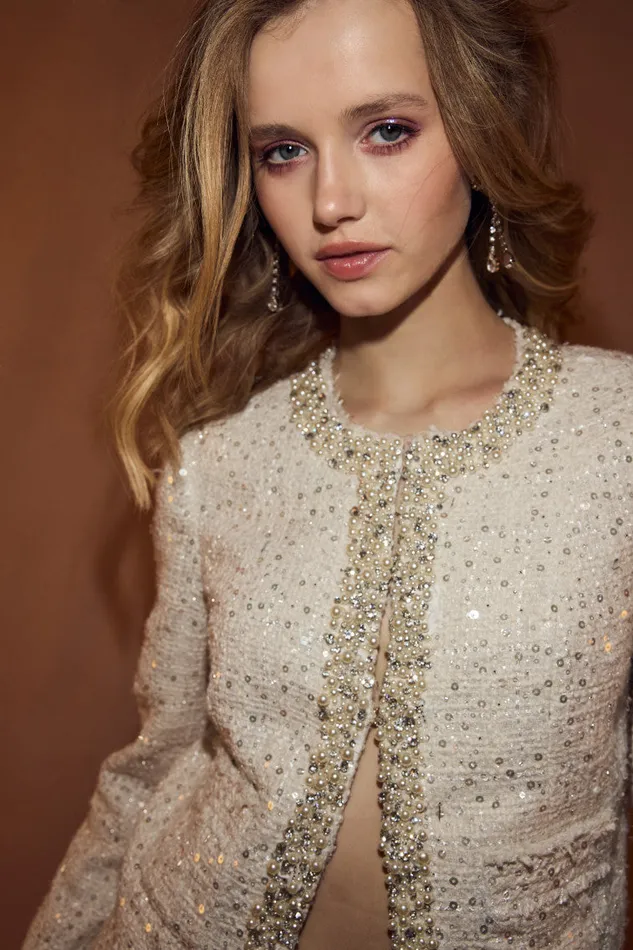 Women Jackets and Coats LoveShackFancy Vintra Embellished Tweed Jacket Cream