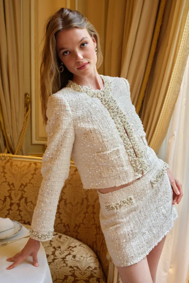 Women Jackets and Coats LoveShackFancy Vintra Embellished Tweed Jacket Cream