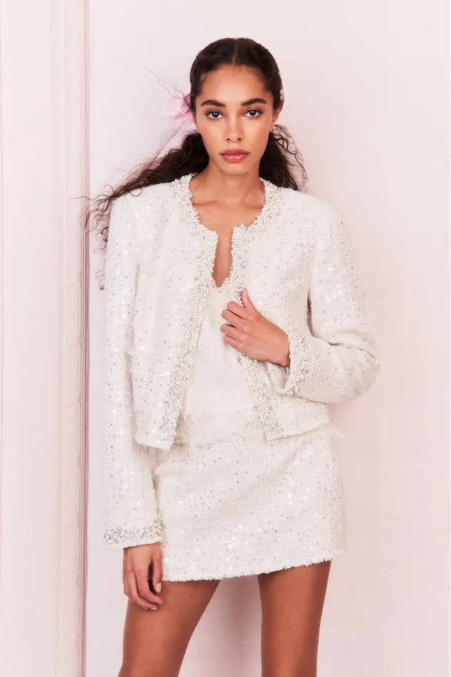 Women Jackets and Coats LoveShackFancy Vintra Embellished Tweed Jacket Cream