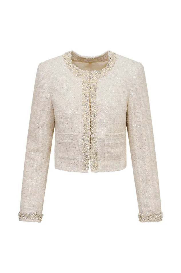 Women Jackets and Coats LoveShackFancy Vintra Embellished Tweed Jacket Cream