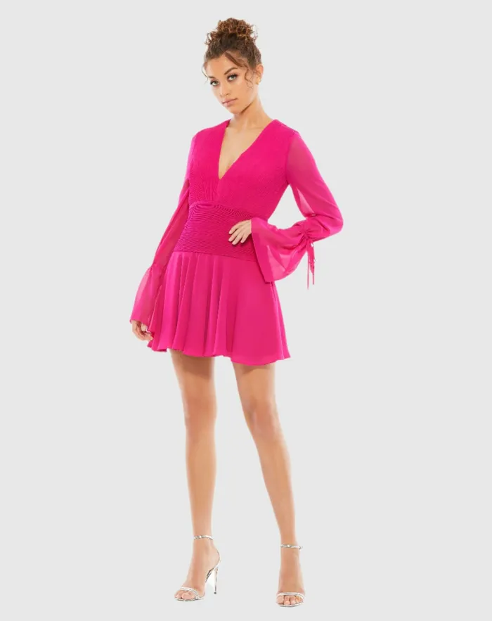 Women Mac Duggal Pink Pleated Bell Sleeve Chiffon Mini Dress 8211 FINAL SALE Hot Pink Daytime Dresses Women Mac Duggal Pink Pleated Bell Sleeve Chiffon Mini Dress 8211 FINAL SALE Hot Pink Daytime Dresses
