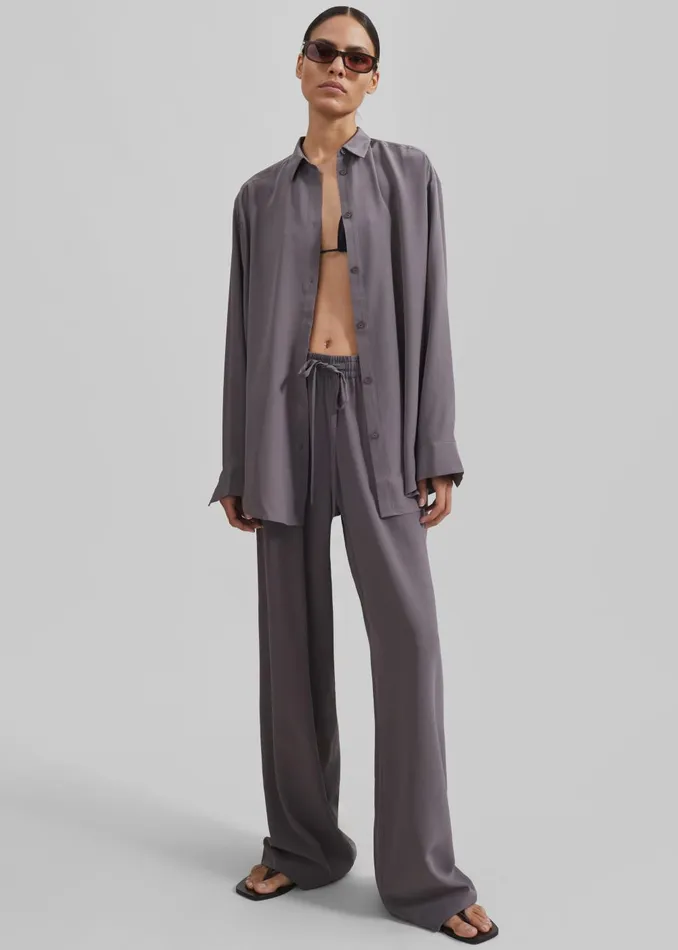 Women Matteau Long Sleeve Silk Shirt 8211 Slate The Frankie Shop Tops